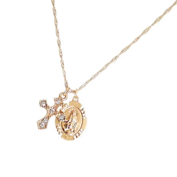 Princess Polly Jewelry - Cross Virgin Mary Gold Medallion Necklace